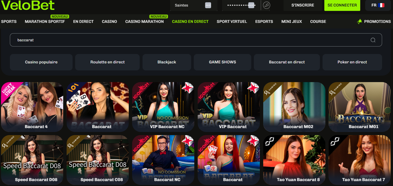 Velobet baccarat live