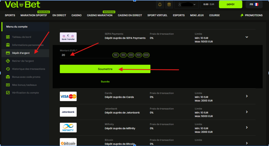 Velobet dépôt d'argent